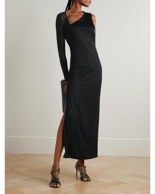 Galvan Black Modernist One-Sleeve Satin And Stretch-Tulle Midi Dress