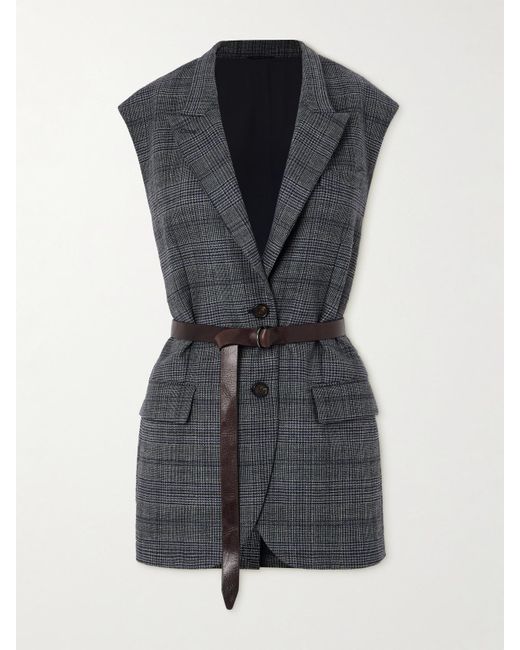 Brunello Cucinelli Black Bead-Embellished Leather-Trimmed Belted Prince Of Wales Checked Wool Vest