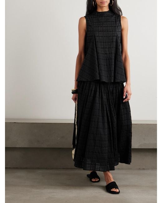 Abadia Black Satin-Trimmed Pleated Checked Gauze Maxi Skirt
