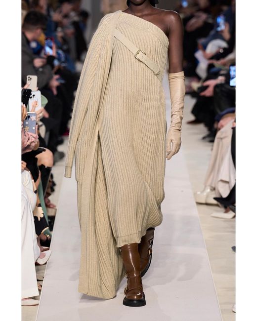Max Mara Natural One-shoulder Ribbed Wool And Cashmere-blend Midi Dress