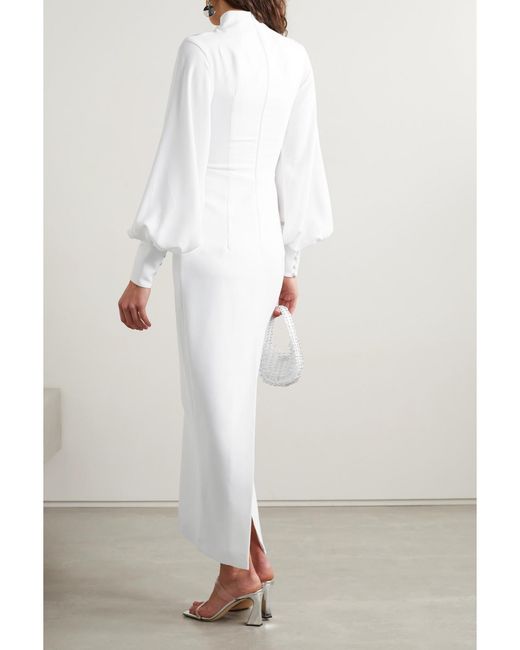 Rasario White Gathered Stretch-Crepe Midi Dress