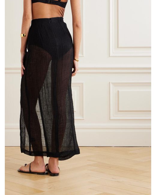 Lisa Marie Fernandez Black Pleated Crinkled Linen-Blend Gauze Pareo