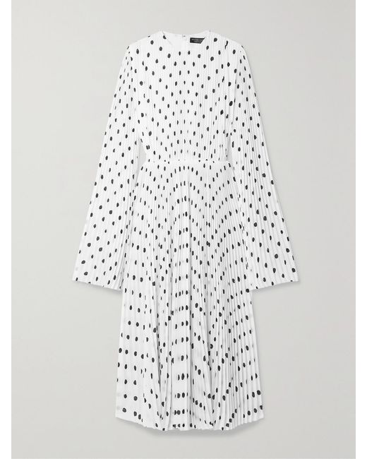 Balenciaga White Pleated Polka-Dot Crepe Midi Dress