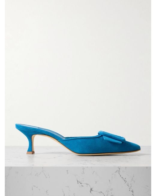 Manolo Blahnik Blue Maysale 50 Buckled Suede Mules
