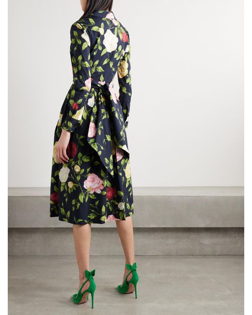 Oscar de la Renta White Midikleid Aus Popeline Aus Einer Baumwollmischung Mit Blumenprint Und Wickeleffekt