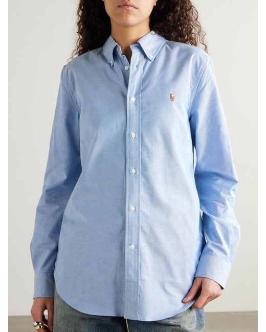 Polo Ralph Lauren Blue Embroidered Cotton-Blend Oxford Shirt
