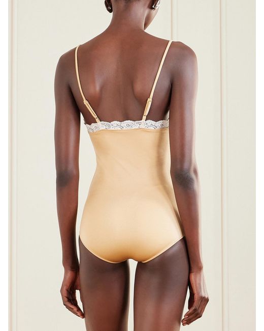 Chloé Natural Bow-Detailed Lace-Trimmed Stretch-Jersey Bodysuit