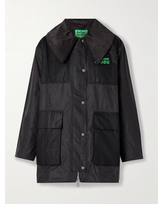 Barbour Black Ganni Corduroy-Trimmed Paneled Checked Waxed-Organic Cotton Jacket