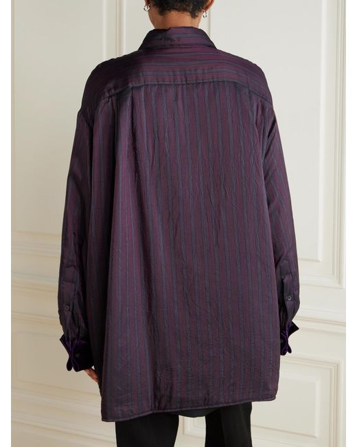 Dries Van Noten Purple Wattiertes Oversized-Hemd Aus Gestreiftem, Glänzendem Twill
