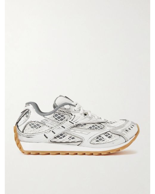 Bottega Veneta White Orbit Metallic Rubber, Mesh And Fishnet Sneakers