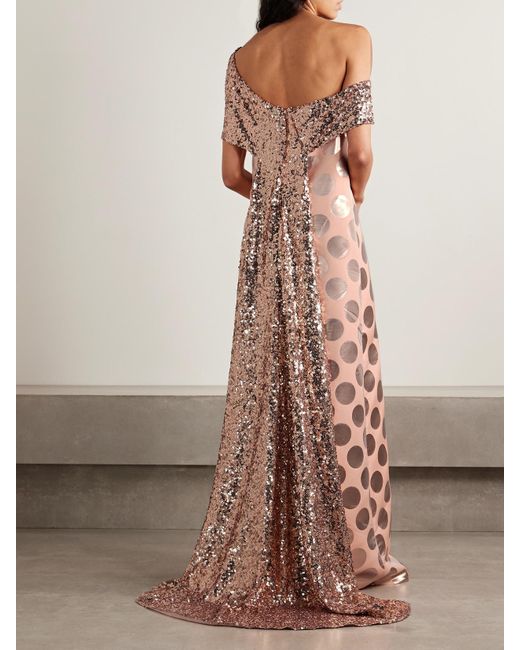 ‎Dima Ayad Pink Asymmetric Sequin-Embellished Draped Metallic Polka-Dot Brocade Gown