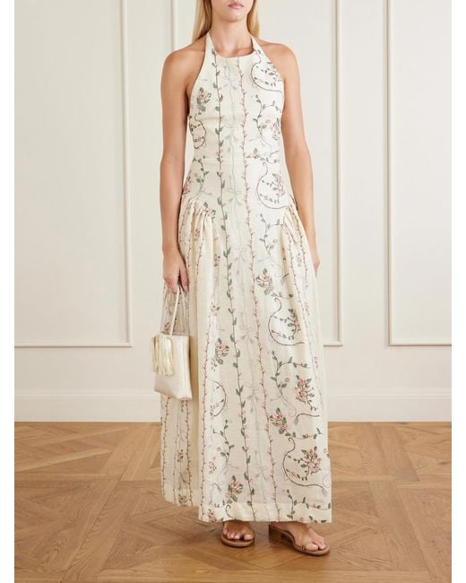 Agua Bendita White Balsa Navegante Embroidered Linen Maxi Dress