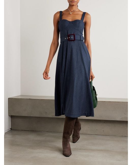 Cara Cara Blue Calypso Midikleid Aus Einer Wollmischung Mit Nadelstreifen, Gürtel Und Raffungen