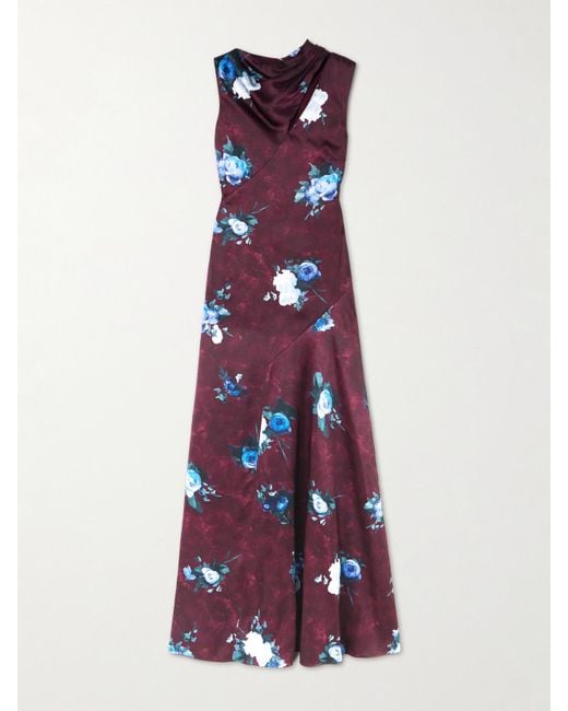 Erdem Purple Asymmetric Cutout Floral-Print Duchesse-Satin Gown
