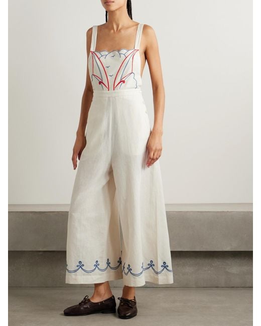 Bode White Jumpsuit Aus Einer Baumwoll-Leinenmischung Mit Stickereien