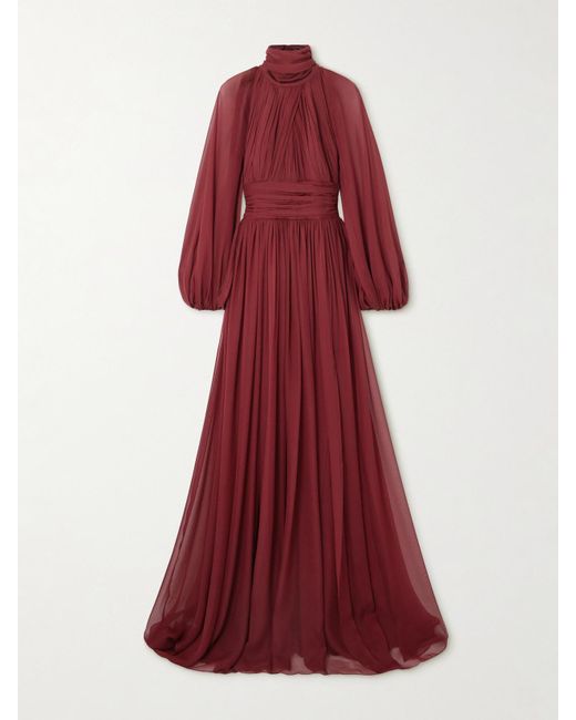 Zuhair Murad Red Pleated Silk-Chiffon Turtleneck Gown