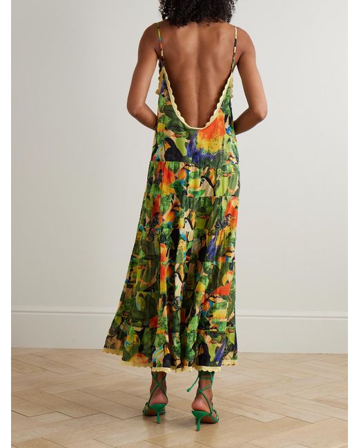 FARM Rio Bird Leaves Crochet-Trimmed Tiered Printed Cotton Maxi Dress in  Green | Lyst UK