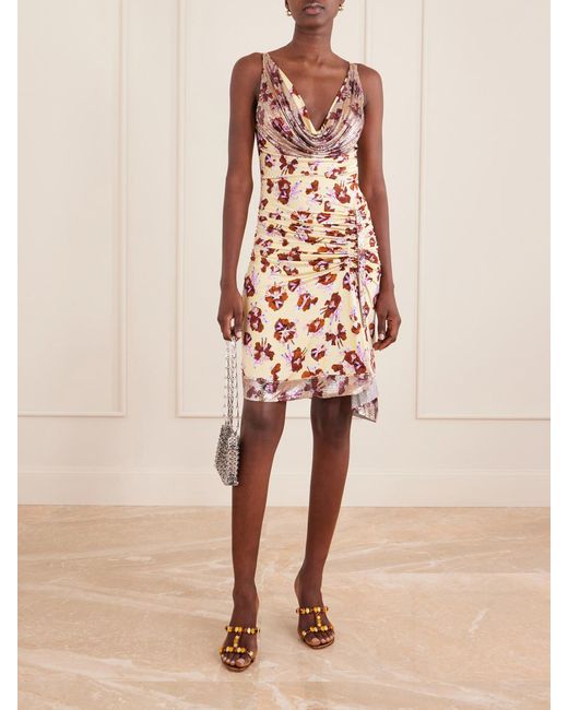 Rabanne White Chainmail-Embellished Ruched Floral-Print Satin Mini Dress