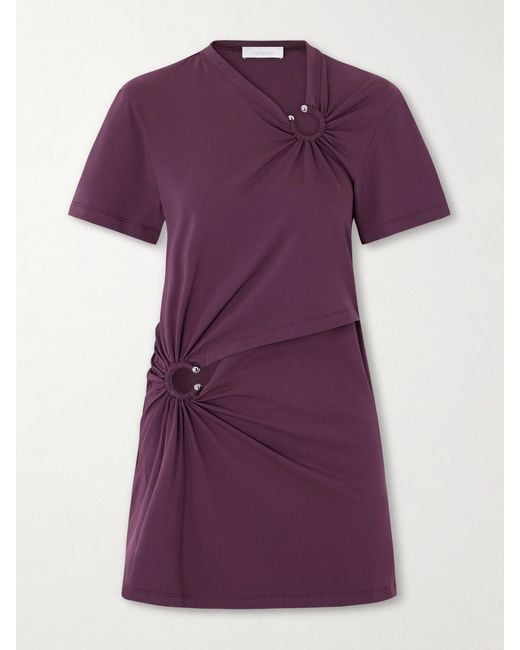 Rabanne Purple Embellished Gathered Cut-Out Cotton-Blend Jersey Mini Dress