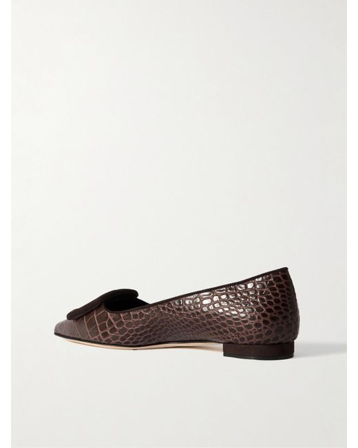 Manolo Blahnik Brown Maysale 10 Ballerinas Mit Spitzer Kappe Aus Leder Mit Krokodileffekt, Velourslederbesätzen Und Schnalle