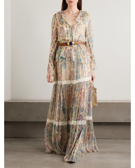 Etro Natural Ruffled Paisley-Print Silk-Chiffon Peplum Blouse