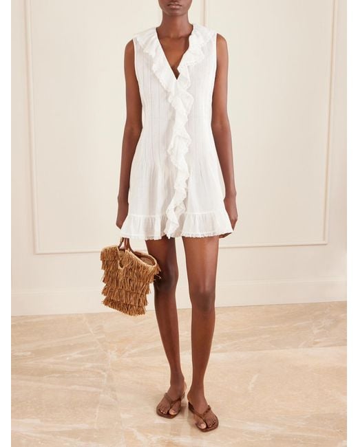 Doen White Henrietta Ruffled Embroidered Ramie Mini Dress