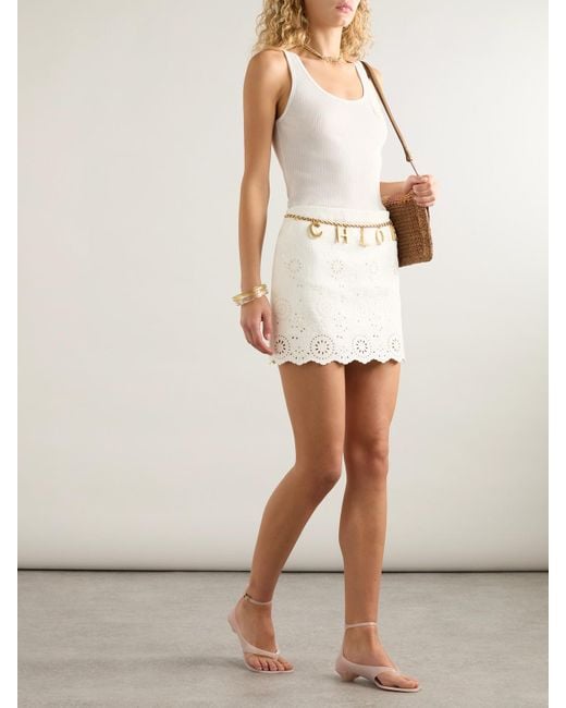 Chloé Natural Minirock Aus Einer Gesteppten Baumwollmischung Mit Lochstickerei Und Wellenkante