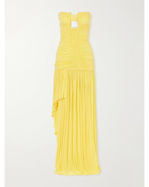 Christopher Esber Yellow Orion Strapless Ruched Chiffon Gown