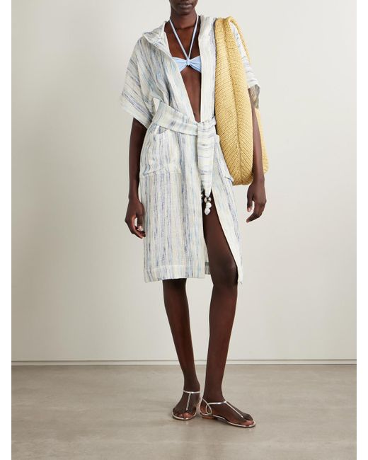 Lisa Marie Fernandez White Embellished Belted Striped Linen-Blend Gauze Hooded Coverup