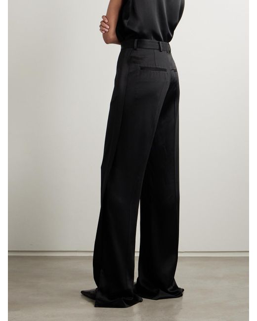 Totême  Black Pleated Satin-Trimmed Crepe Straight-Leg Pants