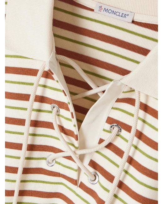 Moncler Natural Lace-Up Cropped Striped Cotton Polo Shirt