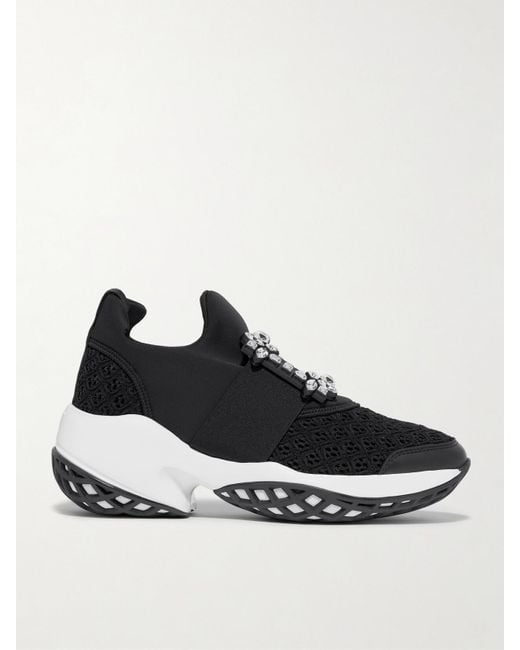 Roger Vivier Black Viv Run Crystal-Embellished Stretch, Mesh And Leather Sneakers
