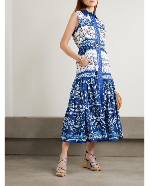 Saloni Blue Nya Belted Floral-Print Linen Midi Shirt Dress