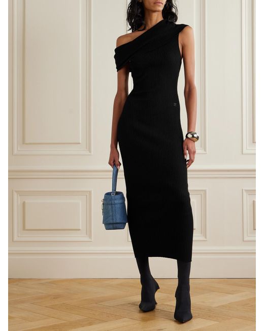 Courreges Black Twist Off-The-Shoulder Embroidered Ribbed-Knit Maxi Dress