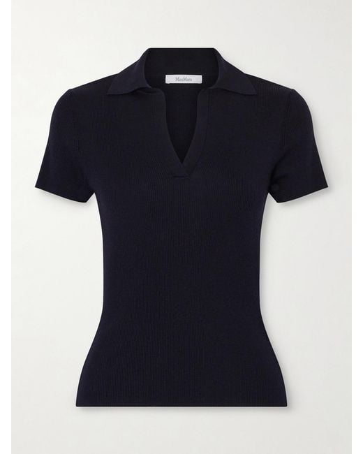 Max Mara Black Ribbed Wool Polo Shirt
