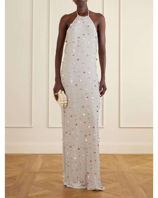 BERNADETTE White Francine Pearl-Embellished Crinkled-Shell Halterneck Dress