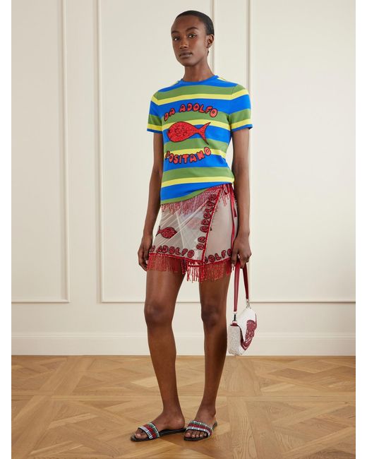 Staud Blue Da Adolfo Weekender Striped Printed Cotton-Blend T-Shirt
