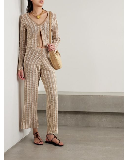 The Elder Statesman Natural Striped Crocheted Cotton Straight-Leg Pants