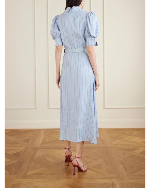 Rebecca Vallance Blue Effie Belted Striped Linen-Blend Midi Dress