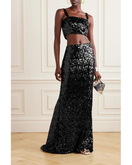 Dolce & Gabbana Black Cropped Sequined Stretch-tulle Bustier Top