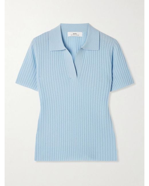 arch4 Blue Jennifer Ribbed Organic Cashmere Polo Shirt