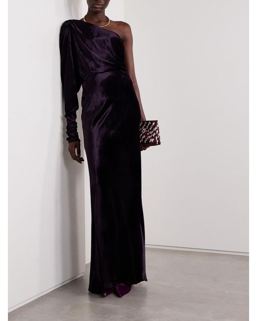 Zimmermann Black Illustration One-Sleeve Draped Velvet Maxi Dress