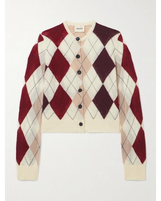 Khaite Red Charli Calf Hair-Trimmed Argyle Cashmere And Mohair-Blend Cardigan