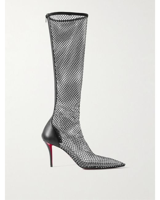 Christian Louboutin Black Apostropha 85 Crystal-Embellished Leather-Trimmed Mesh Knee Boots