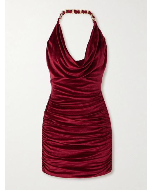 Balmain Red Minikleid Aus Samt Mit Raffungen Und Verzierung