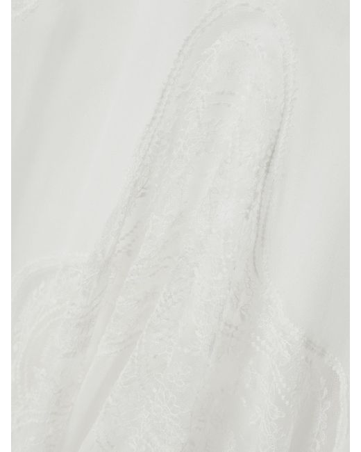 Costarellos White Zephira Embroidered Chantilly Lace-Trimmed Silk-Chiffon Gown