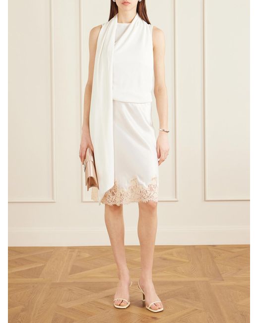 Doen White Elowette Lace-Trimmed Silk-Satin Midi Skirt