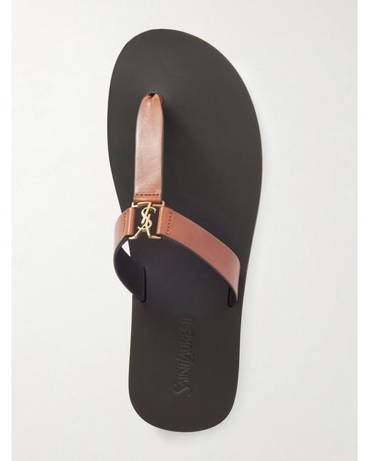 Saint Laurent Brown Cassandra Embellished Leather Thong Sandals