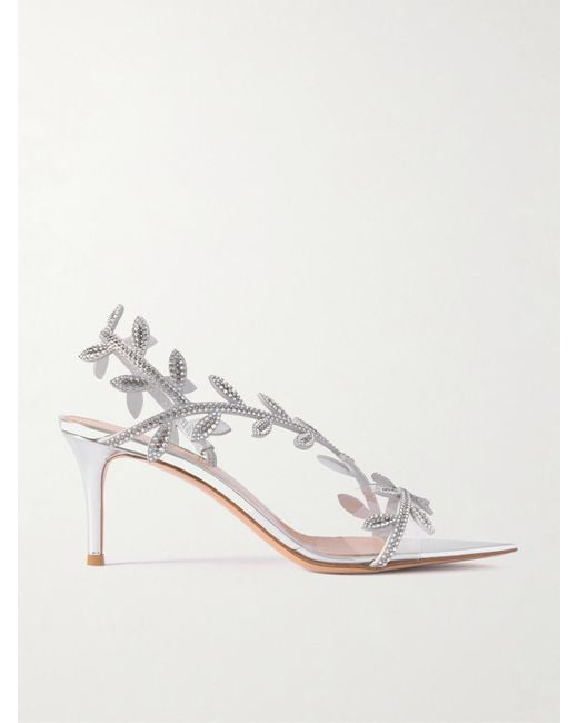 Gianvito Rossi White Flavia 70 Slingback-Sandalen Aus Metallic-Leder Und Pvc Mit Kristallen