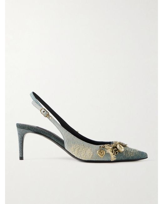 Dolce & Gabbana Blue Embellished Frayed Distressed Denim Slingback Pumps